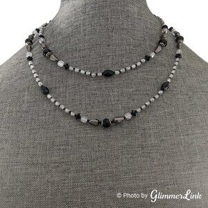 Avon Black Clear Gray Single Strand Faceted Beaded Long Necklace